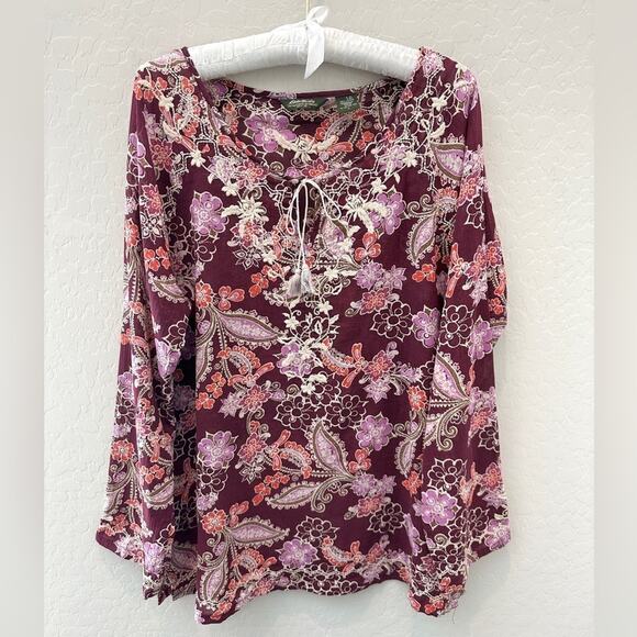 Eddie Bauer Tops - EDDIE BAUER Floral Paisley Embroidered Burgundy Boho Peasant Tunic Cotton Large